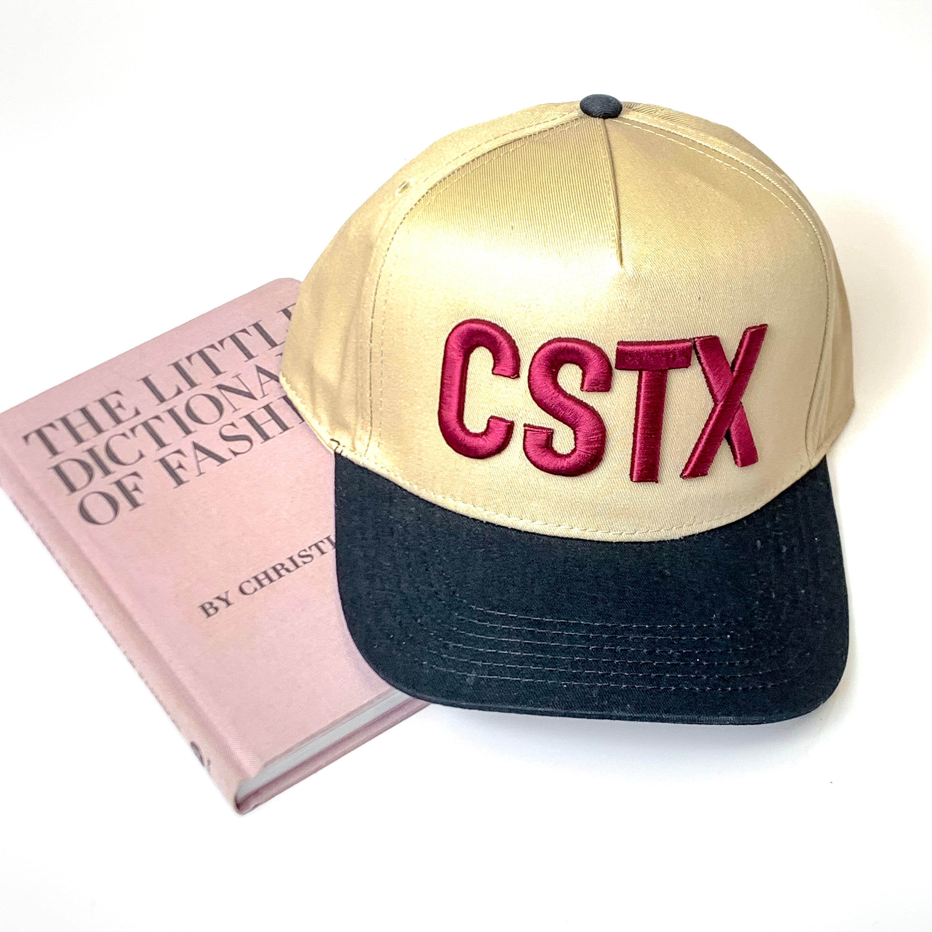 CSTX Khaki and Black Trucker Hat with Maroon Embroidered Puff Lettering - Giddy Up Glamour Boutique