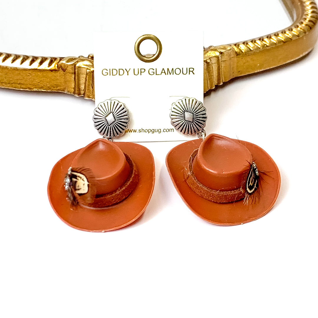 Brown Cowboy Hat and Feather Drop Earrings - Giddy Up Glamour Boutique