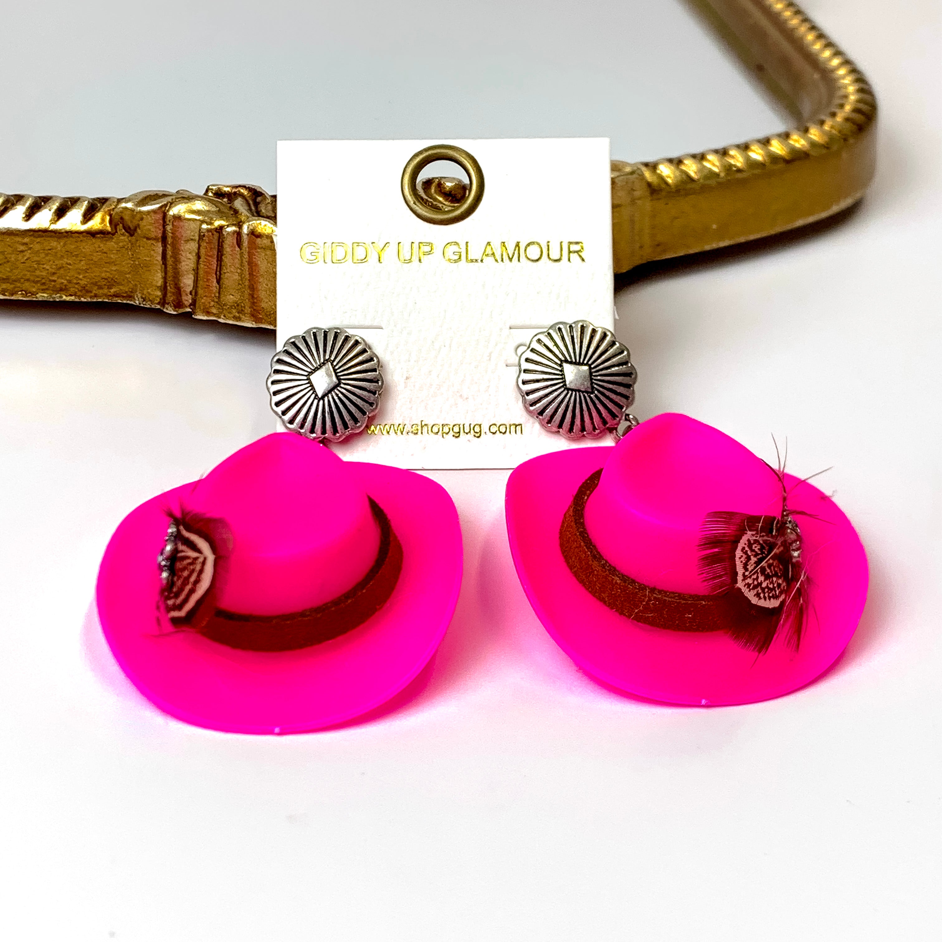 Fuchsia Pink Cowboy Hat and Feather Drop Earrings - Giddy Up Glamour Boutique