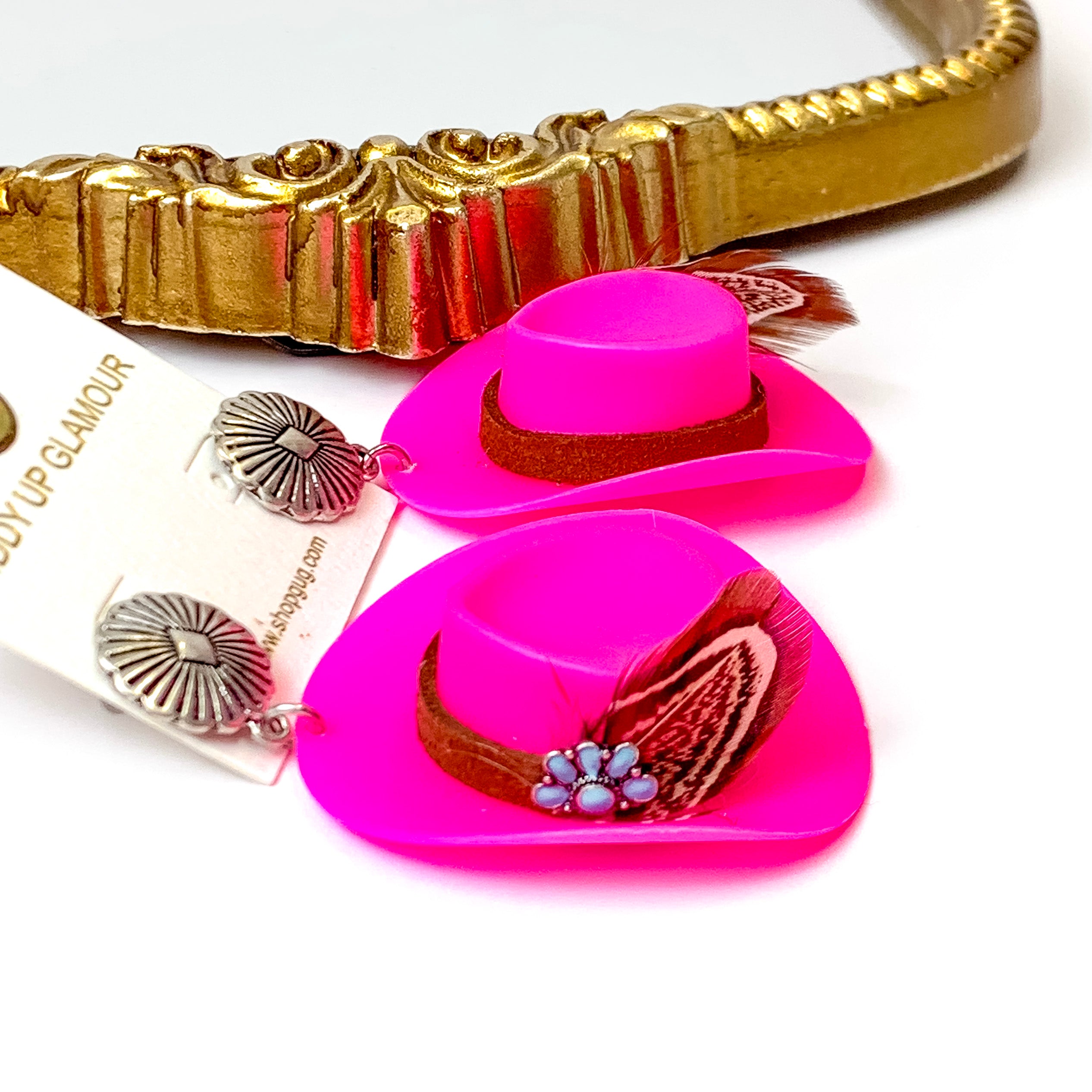 Fuchsia Pink Cowboy Hat and Feather Drop Earrings - Giddy Up Glamour Boutique