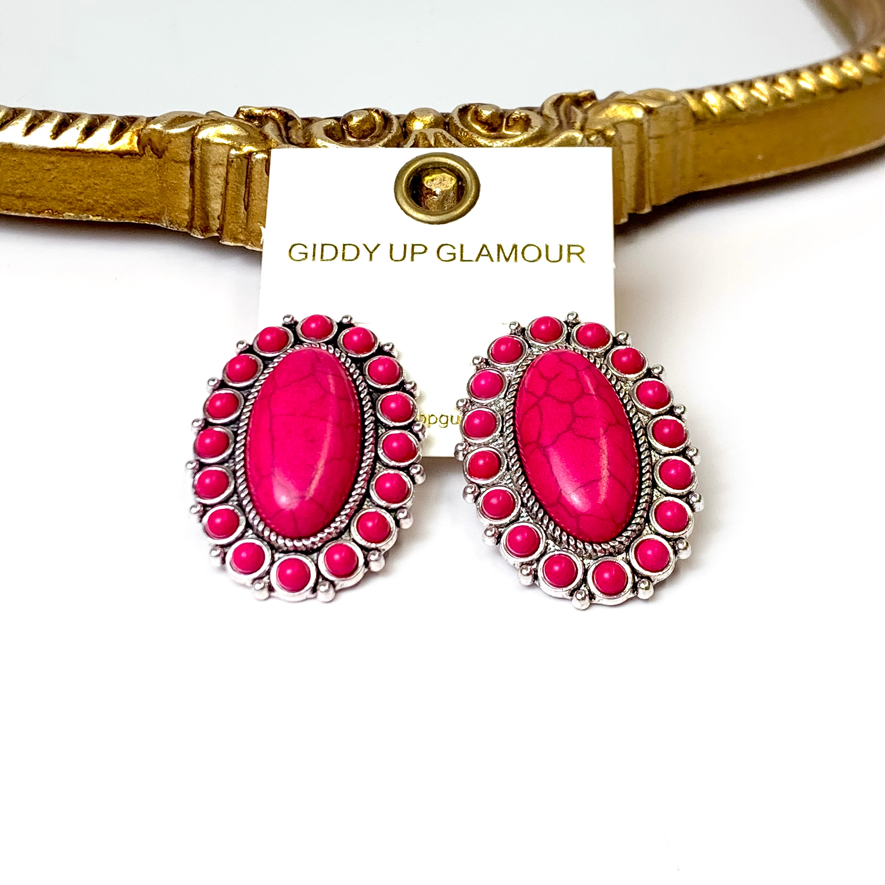 Silver Tone Fuchsia Pink Oval Faux Stone Cluster Earrings - Giddy Up Glamour Boutique