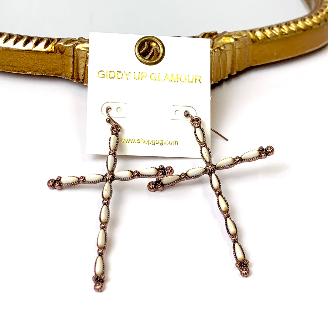 Copper Tone Slim Cross Drop Earrings with Faux White Stones - Giddy Up Glamour Boutique