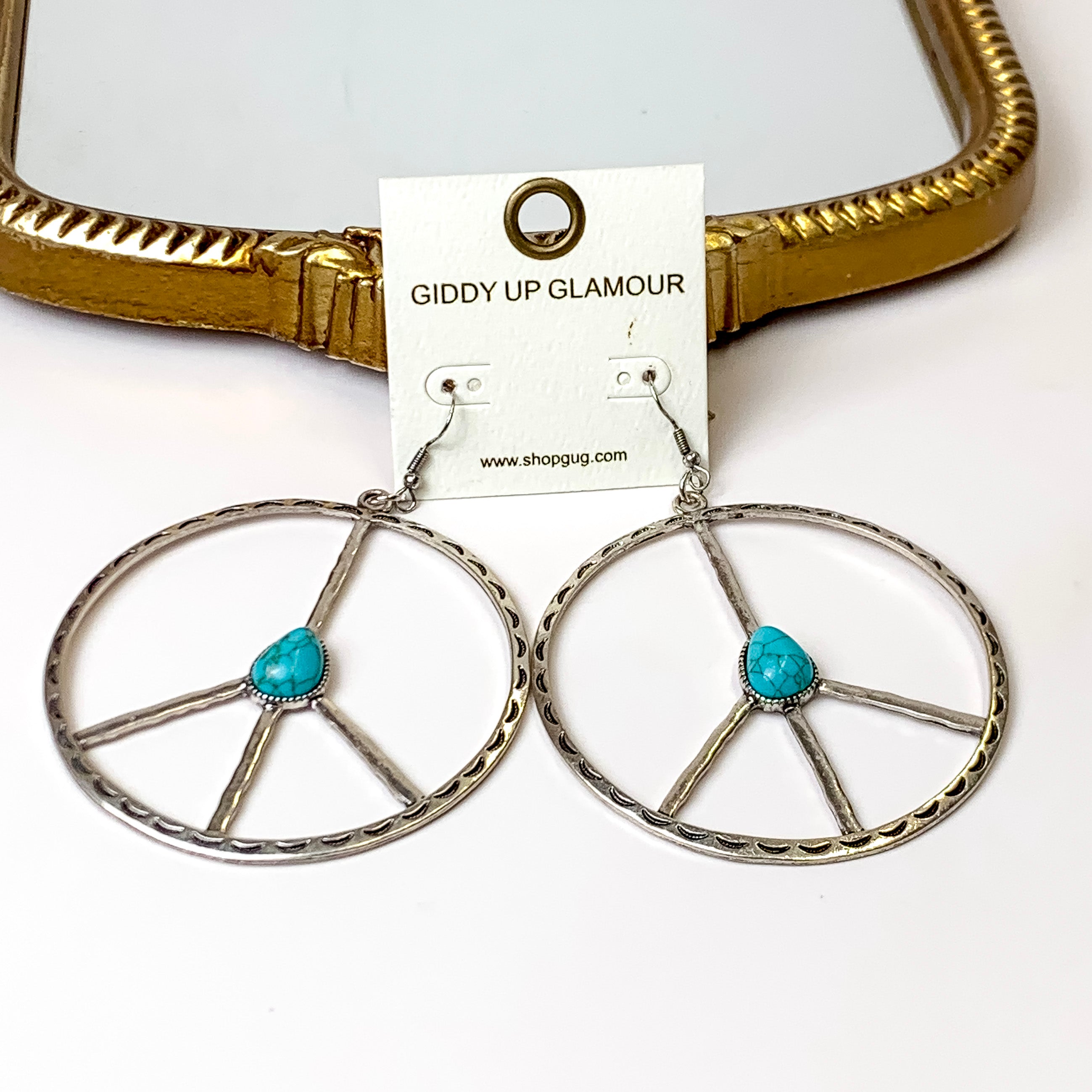Silver Tone Etched Peace Sign Drop Earrings with Faux Turquoise Stone Accent - Giddy Up Glamour Boutique