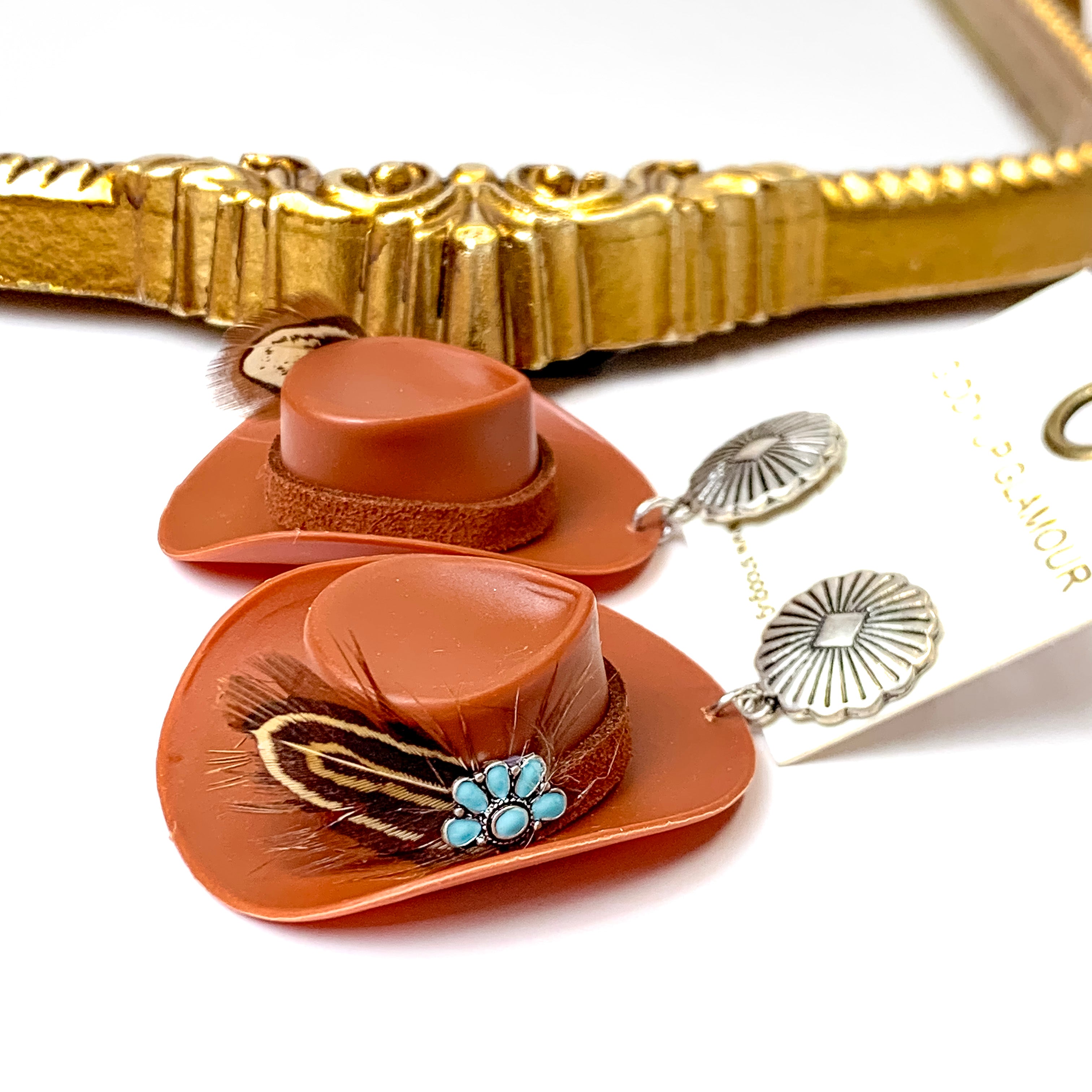 Brown Cowboy Hat and Feather Drop Earrings - Giddy Up Glamour Boutique