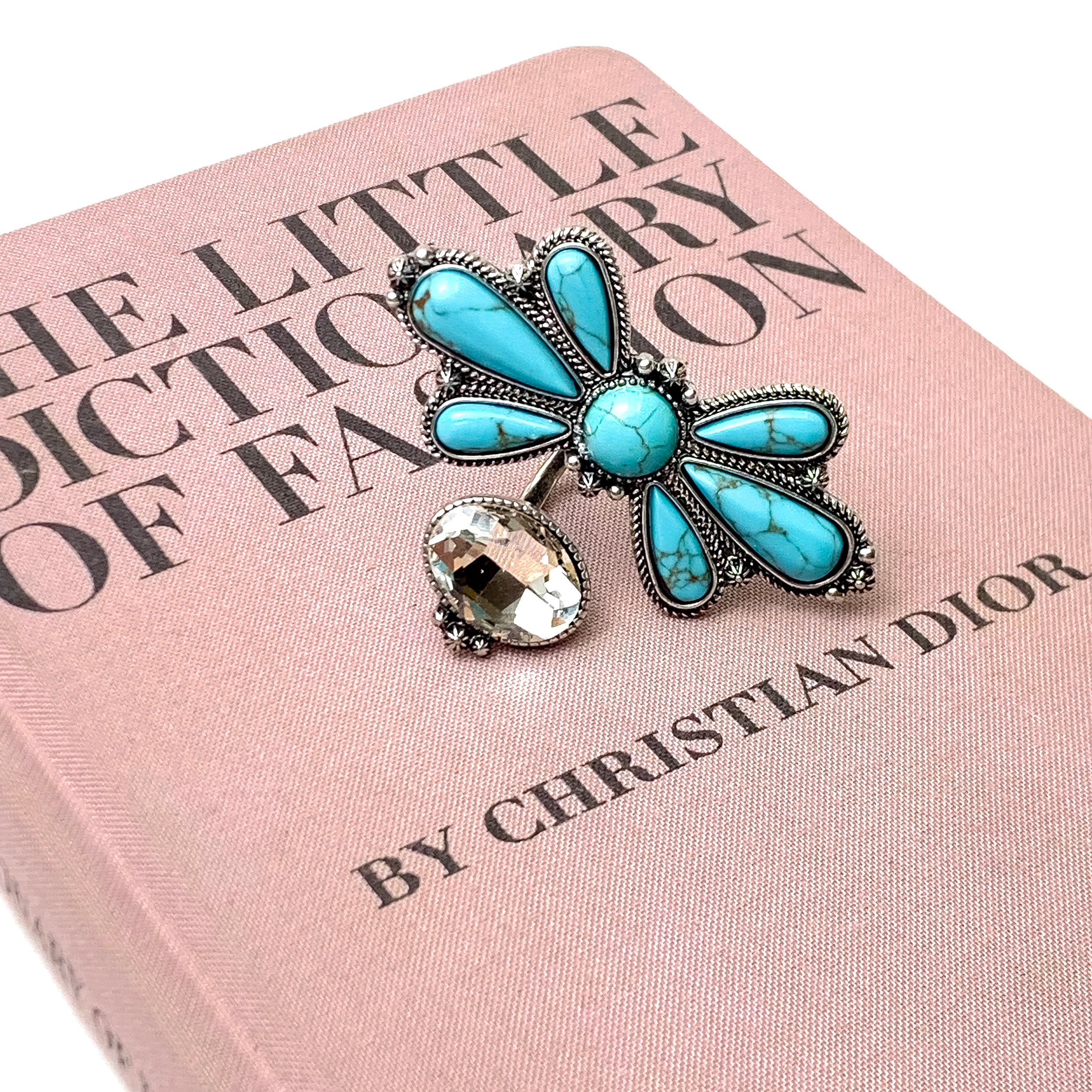 Western Faux Turquoise Butterfly Concho and Clear Crystal Cuff Ring - Giddy Up Glamour Boutique