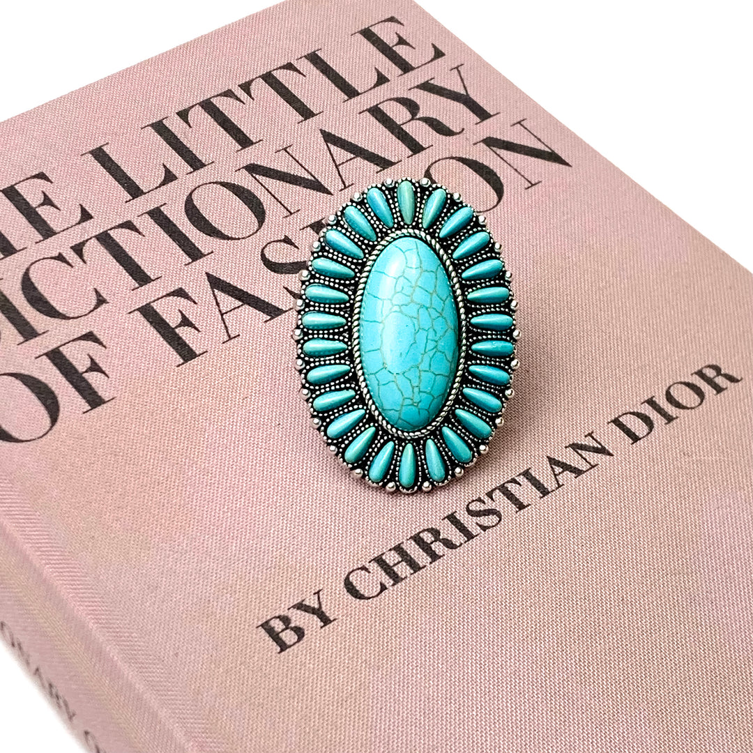 Western Oval Faux Turquoise Needlepoint Concho Cuff Ring - Giddy Up Glamour Boutique