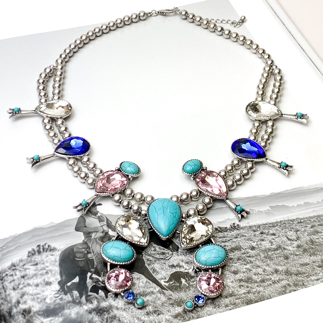 Double Strand Beaded Squash Blossom Necklace and Naja Pendant with Faux Turquoise Stones and Multicolor Crystals - Giddy Up Glamour Boutique