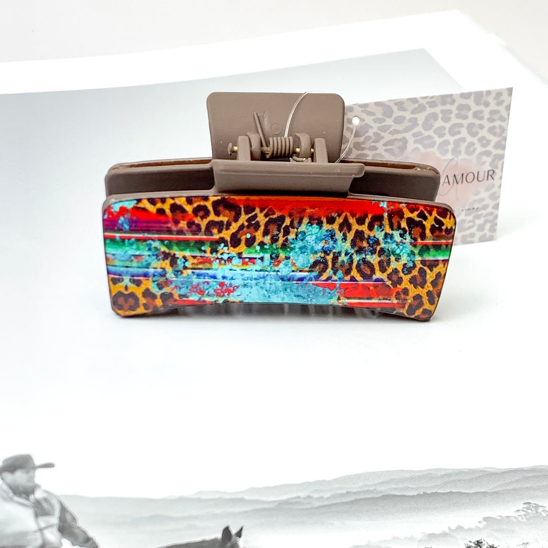 Brown Rectangle Claw Clip in Leopard Serape Print - Giddy Up Glamour Boutique