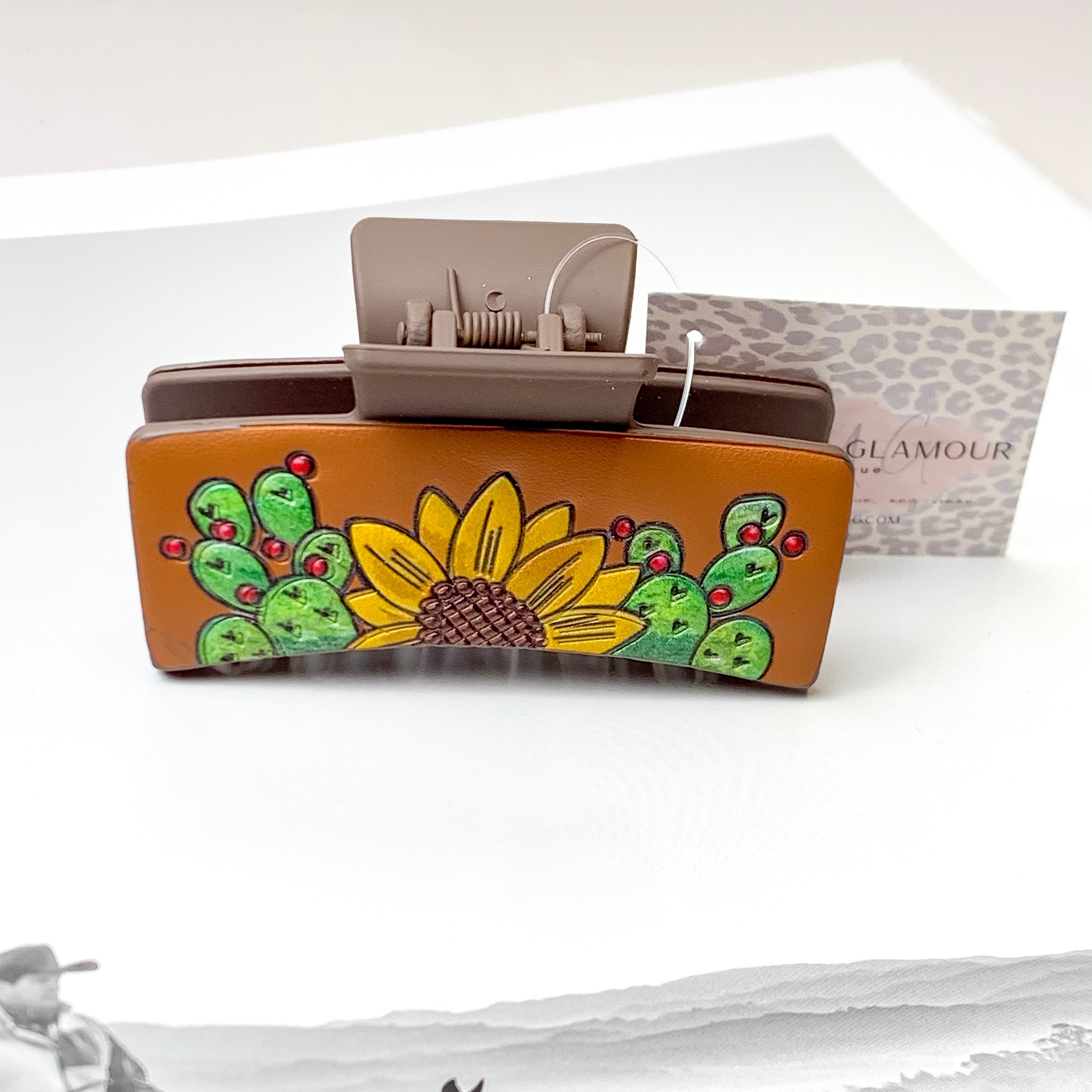 Brown Rectangle Claw Clip in Cactus and Sunflower Print - Giddy Up Glamour Boutique