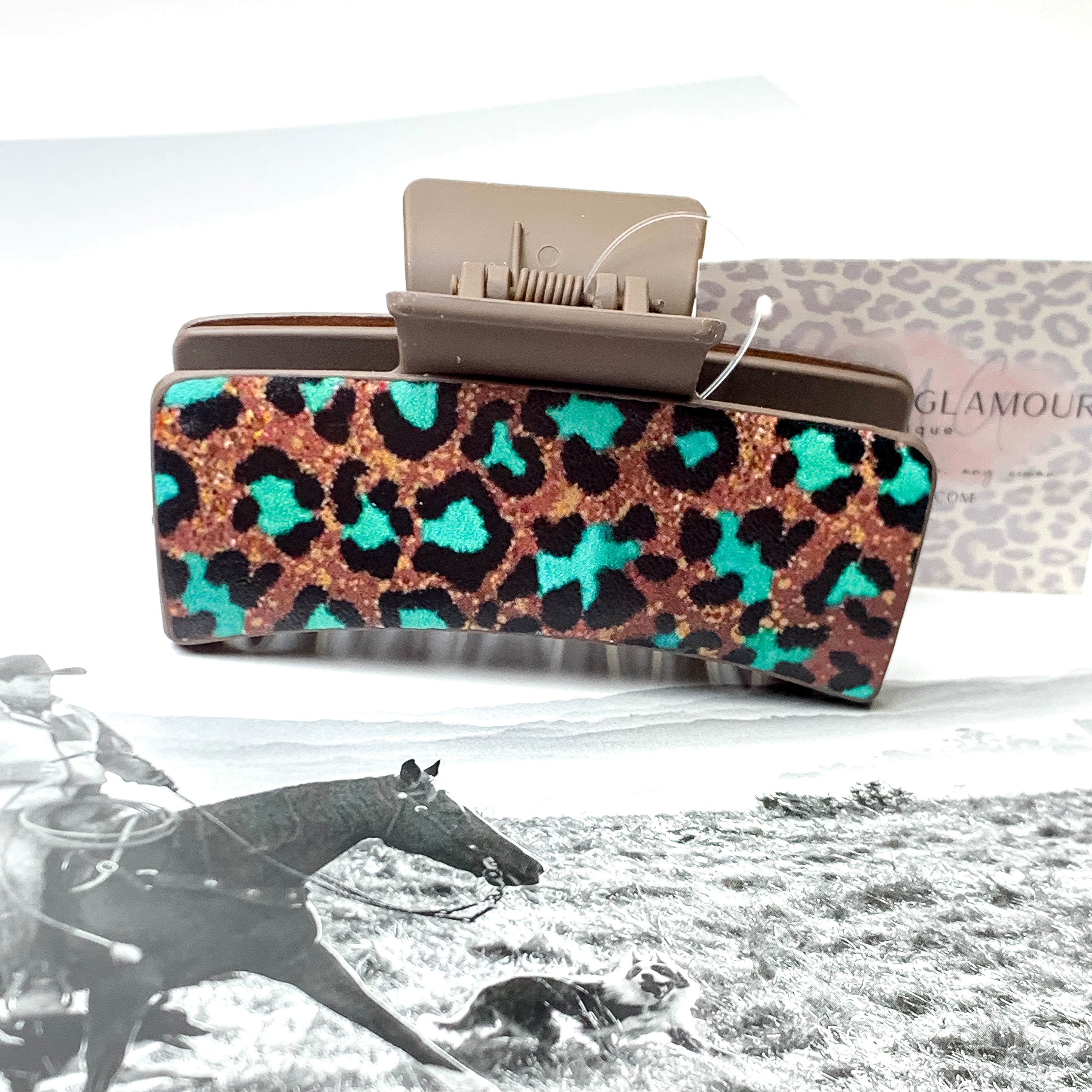 Brown Rectangle Claw Clip in Teal Leopard Print - Giddy Up Glamour Boutique
