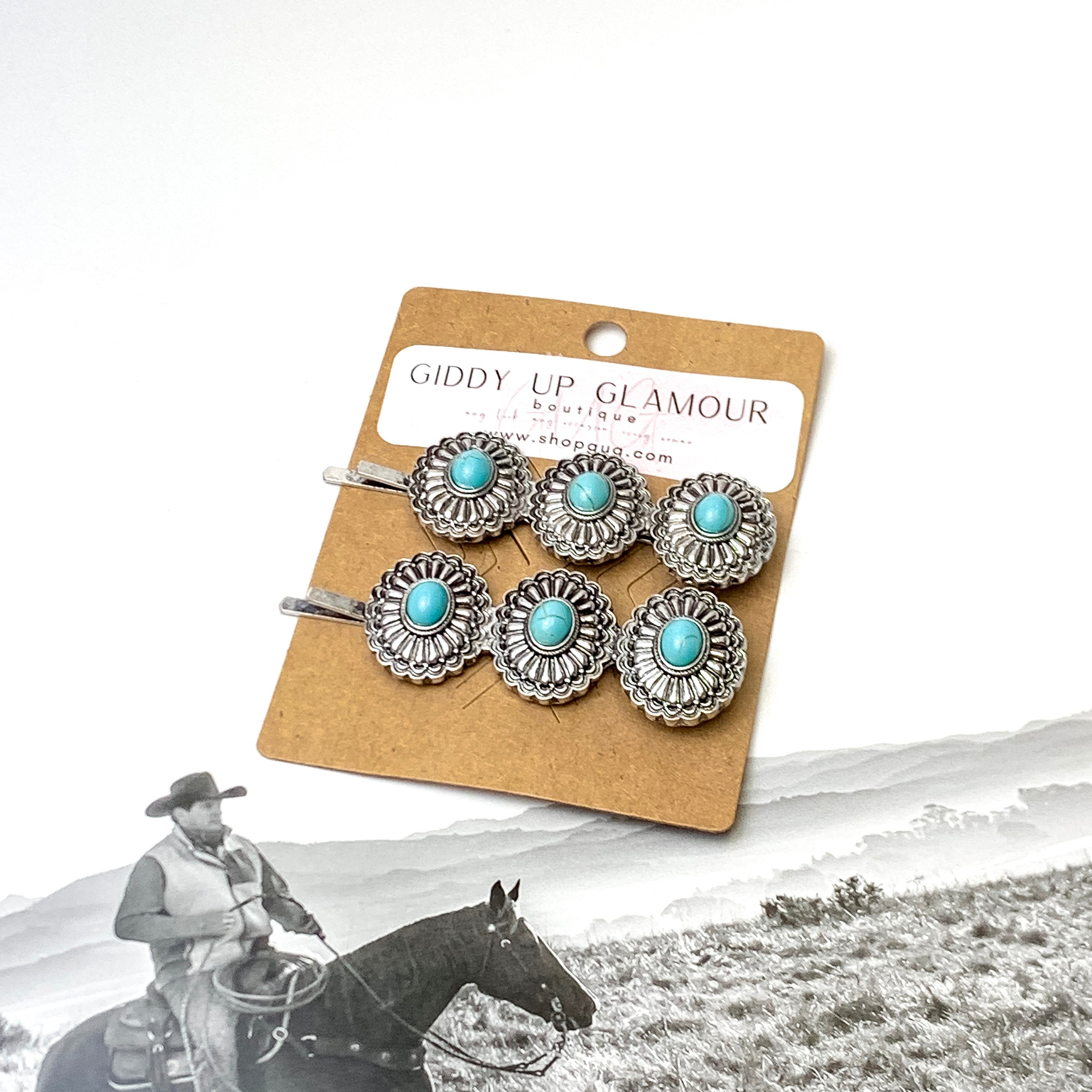 Set of Two | Oval Concho Bobby Pins with Faux Turquoise Center Stones - Giddy Up Glamour Boutique