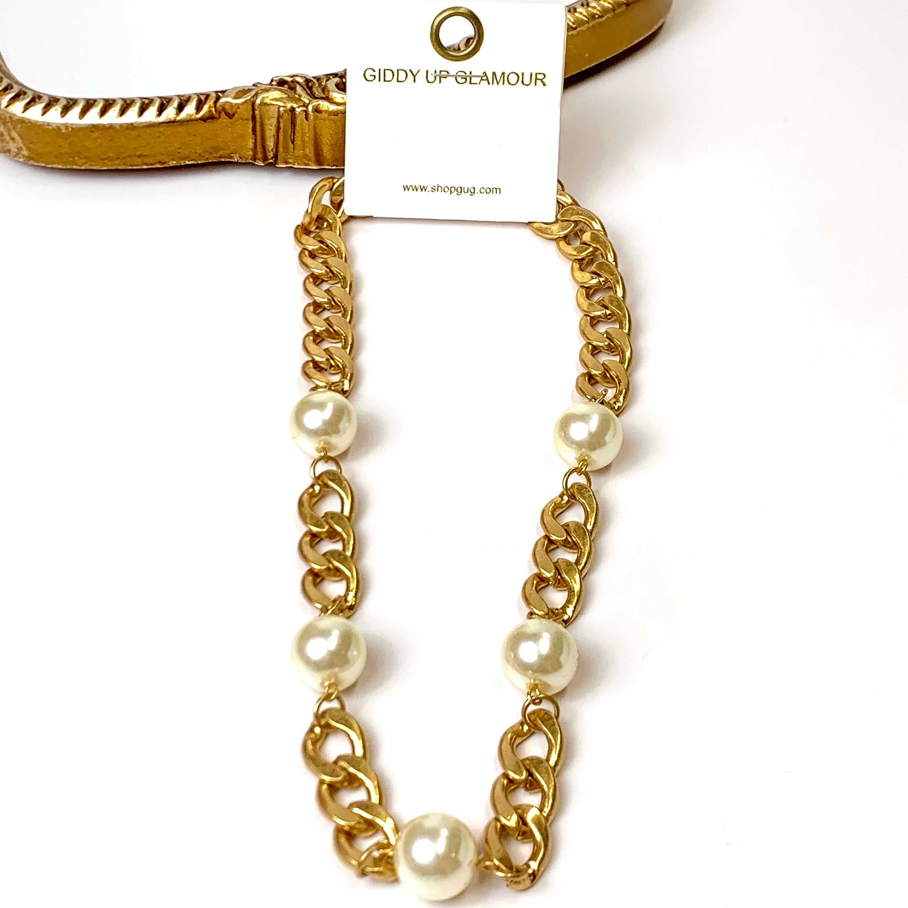Gold Tone Chain Necklace with Pearl Bead Accents - Giddy Up Glamour Boutique