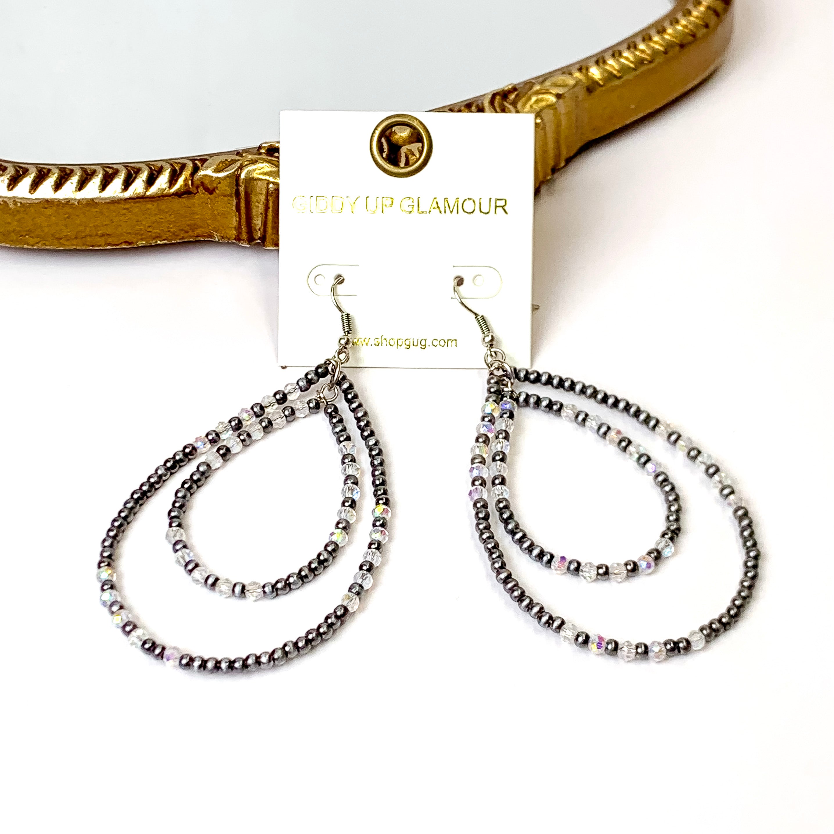 Layered Faux Navajo Pearl Beaded Teardrop Earrings with Clear Glass Spacers in Silver Tone - Giddy Up Glamour Boutique