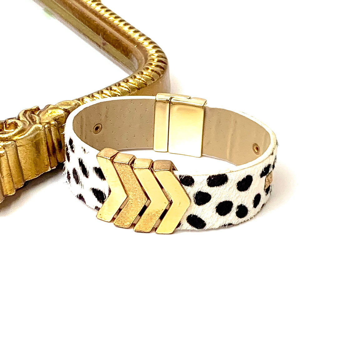 Black and White Cow Print Faux Leather Hair on Hide Chevron Cuff Bracelet - Giddy Up Glamour Boutique
