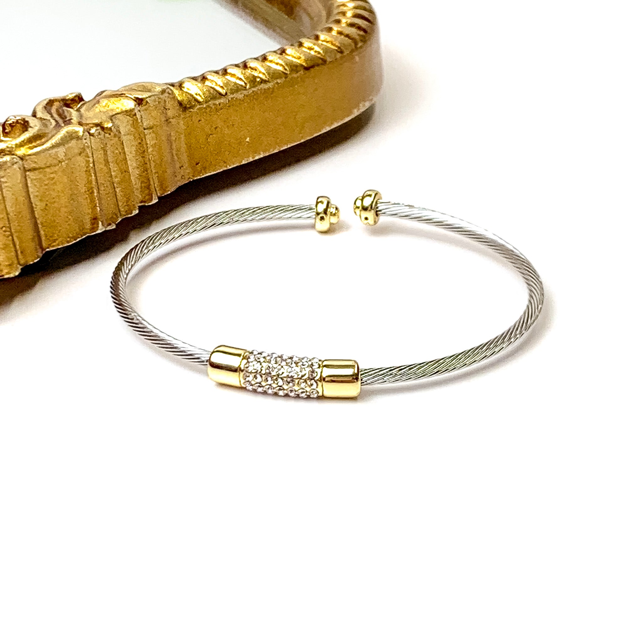 Two Tone Cable Cuff Bracelet with Crystal Pave Bar - Giddy Up Glamour Boutique