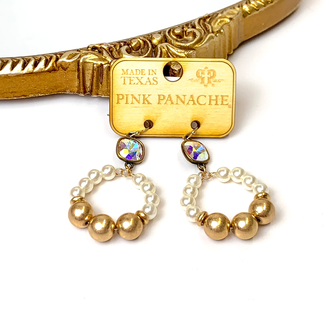 Pink Panache | Pearl and Gold Tone Circle Drop Earrings with AB Cushion Cut Crystal Accents - Giddy Up Glamour Boutique