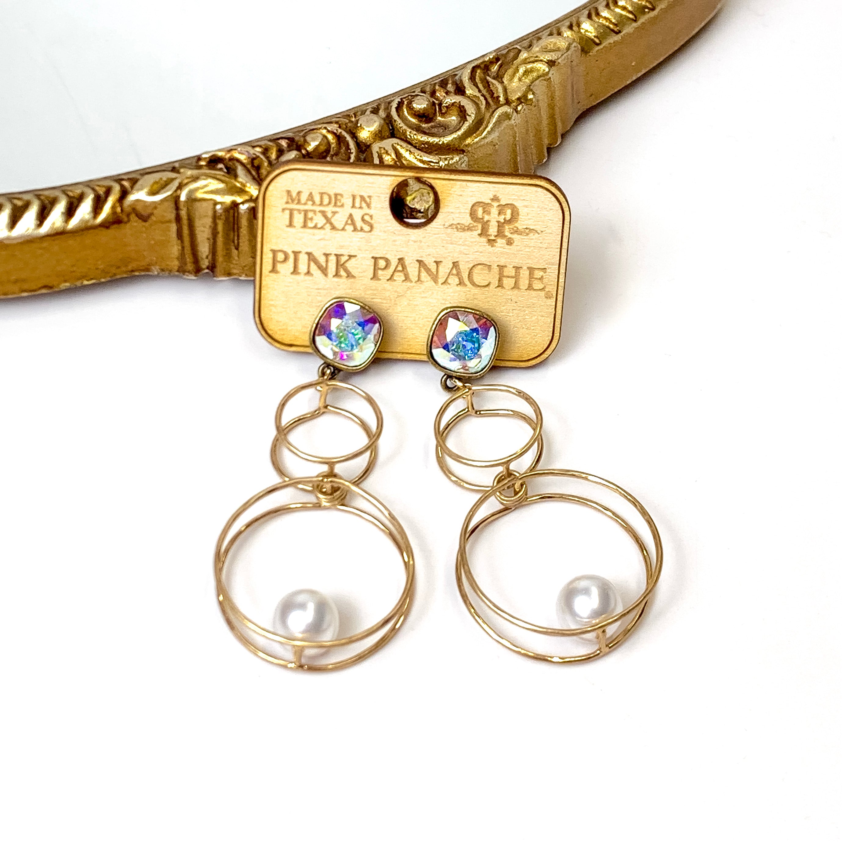 Pink Panache | Double Trouble Circle Drop Earrings with AB Cushion Cut Posts and Pearl Accents - Giddy Up Glamour Boutique