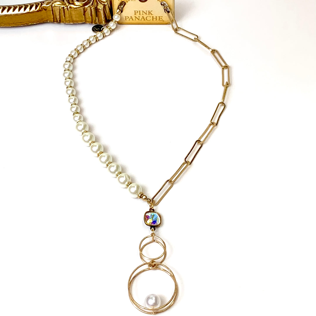 Pink Panache | Gilded Harmony Pearl Necklace With Cushion Cut AB Crystal and Double Circle Drop Pendant - Giddy Up Glamour Boutique