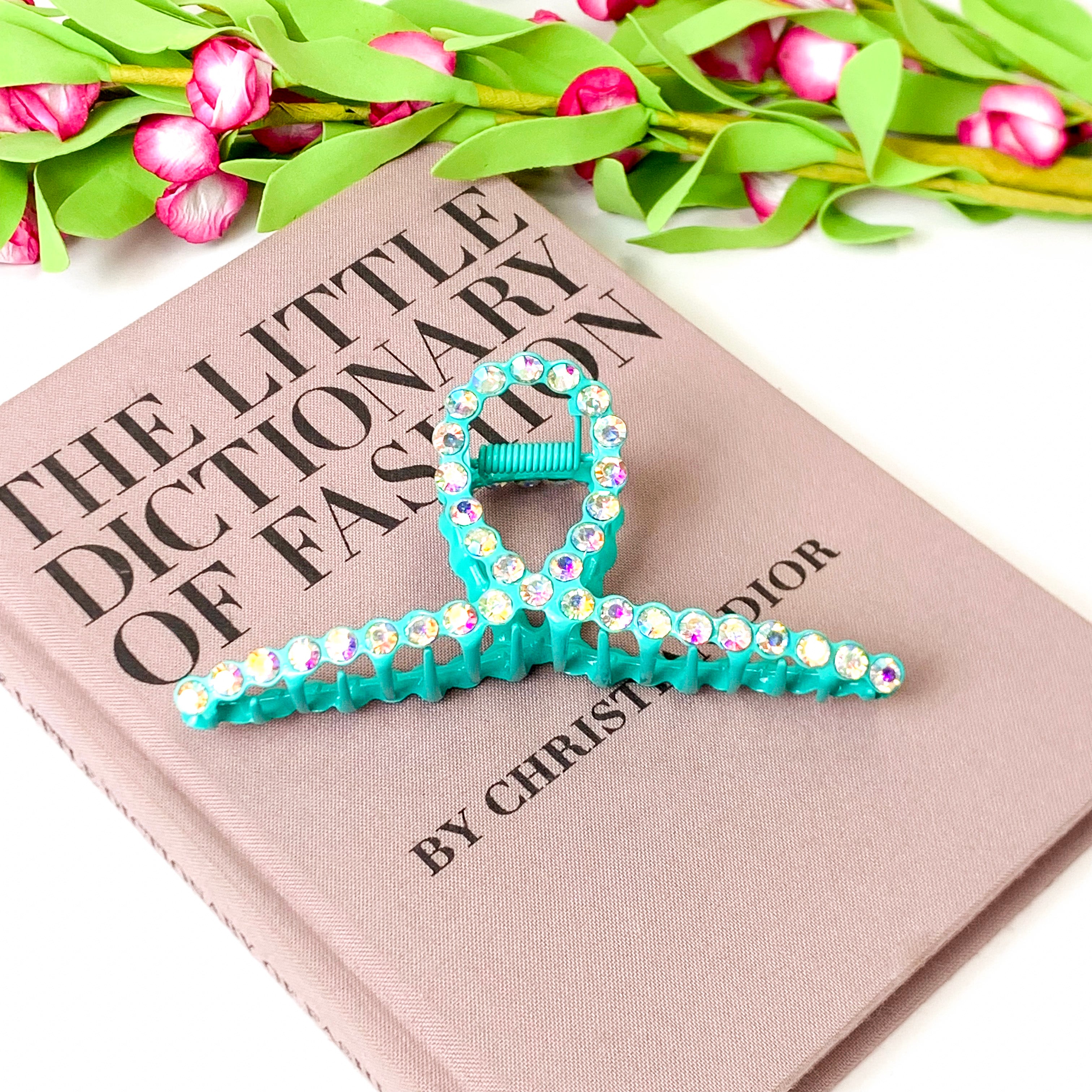 AB Rhinestone Embellished Loop Banana Hair Clip in Turquoise - Giddy Up Glamour Boutique