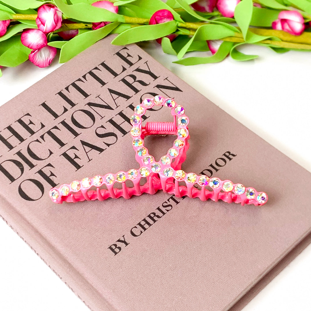 AB Rhinestone Embellished Loop Banana Hair Clip in Bubblegum Pink - Giddy Up Glamour Boutique