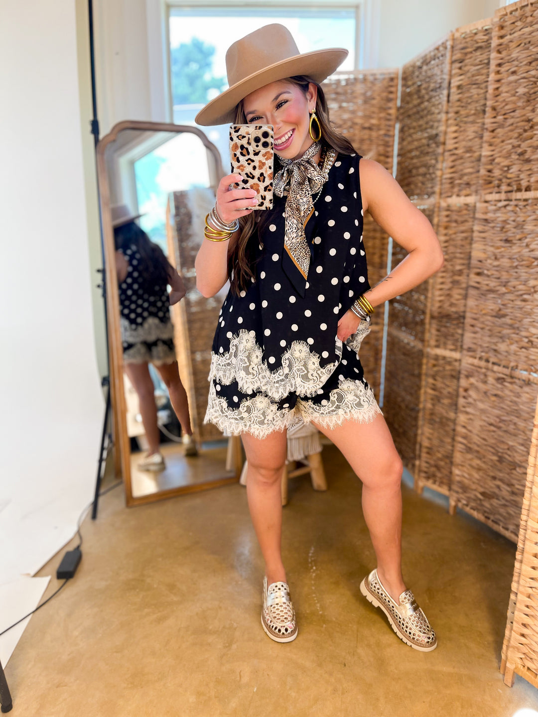 Pretty Little Something Polka Dot Sleeveless Tank Top with Lace Trim Detailing in Black