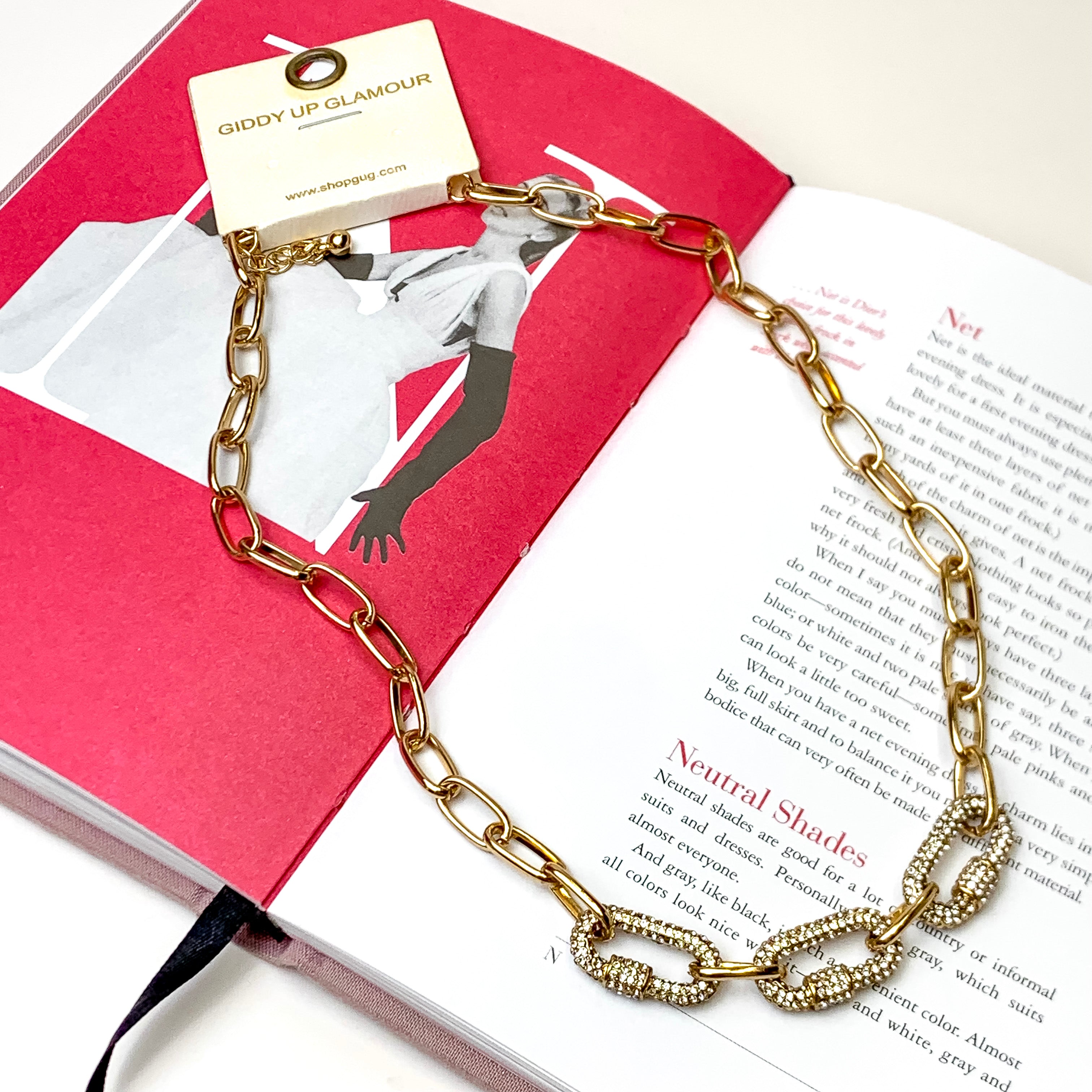 Paperclip Chain Necklace with Pave Carabiner Accents in Gold - Giddy Up Glamour Boutique