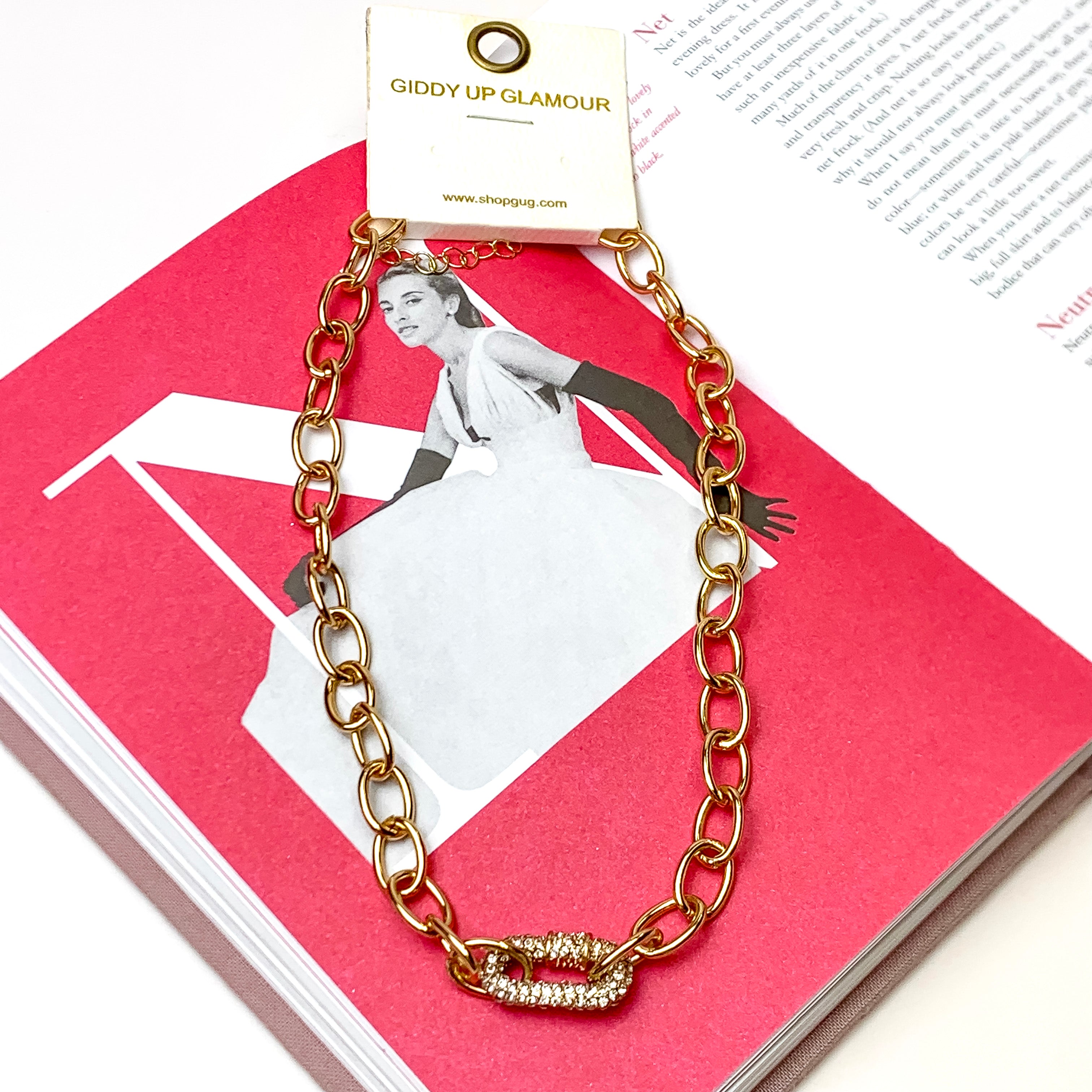 Chunky Chain Necklace with Pave Carabiner Accent in Gold - Giddy Up Glamour Boutique