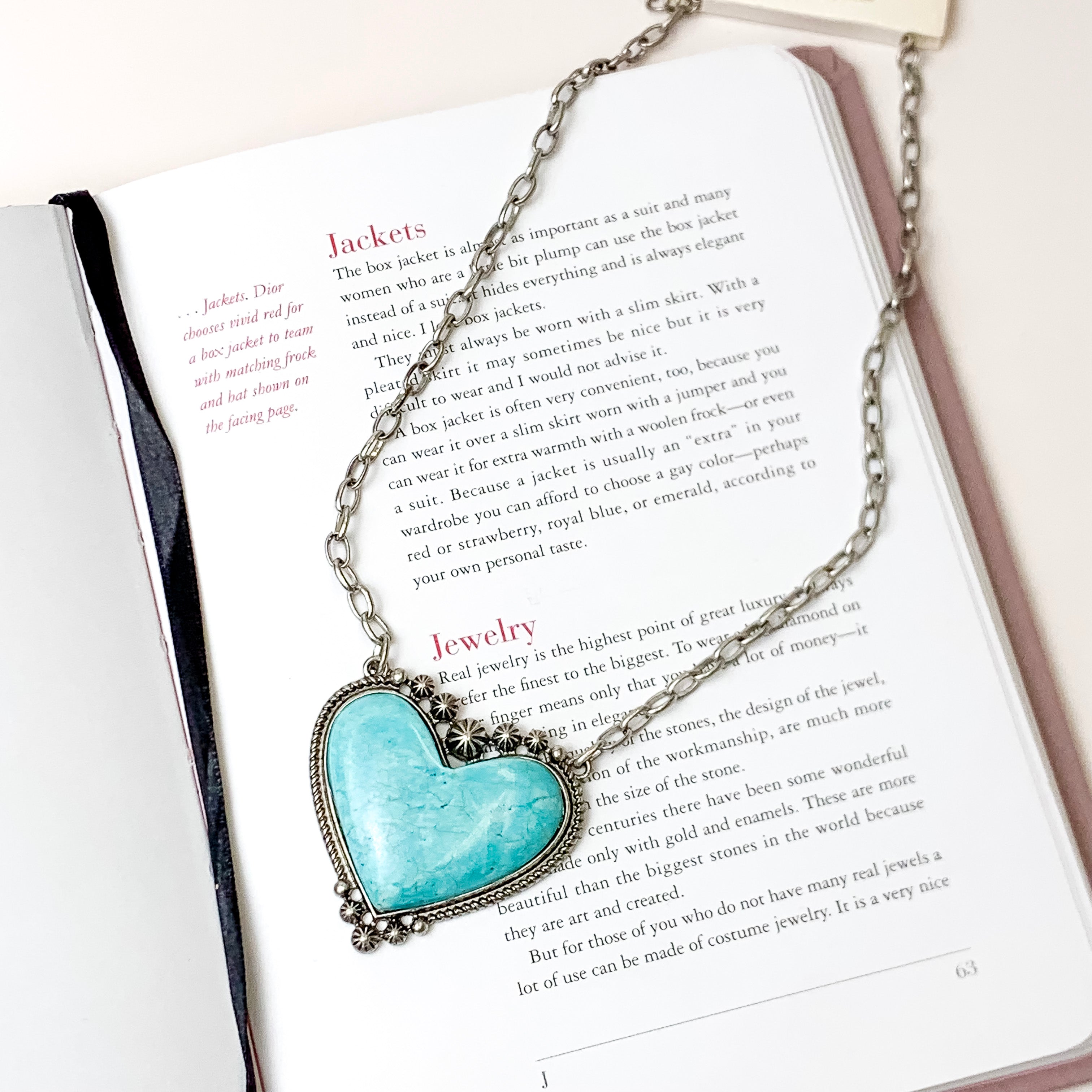 Silver Chain Necklace with Stone Heart Pendant in Turquoise Blue