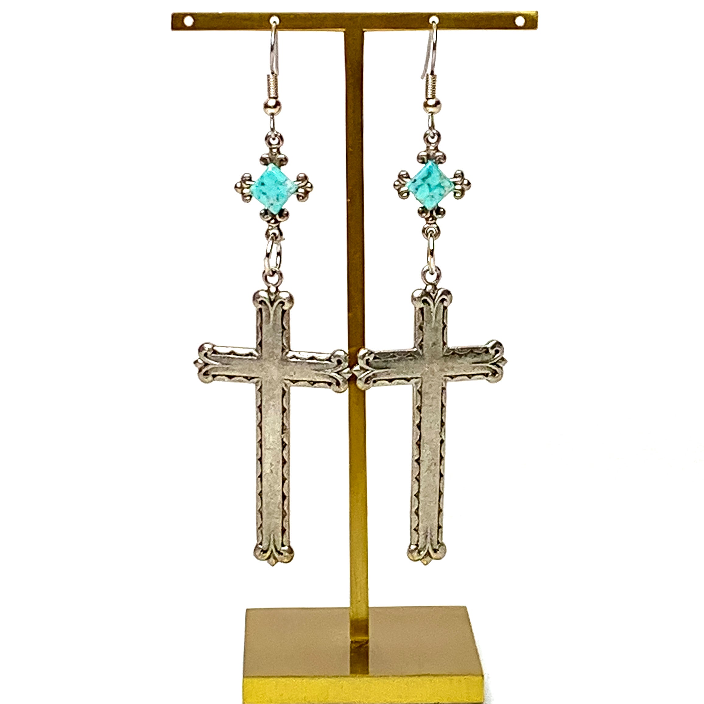 Heavenly Harmony Silver Tone Cross Drop Earrings with Faux Turquoise Accents