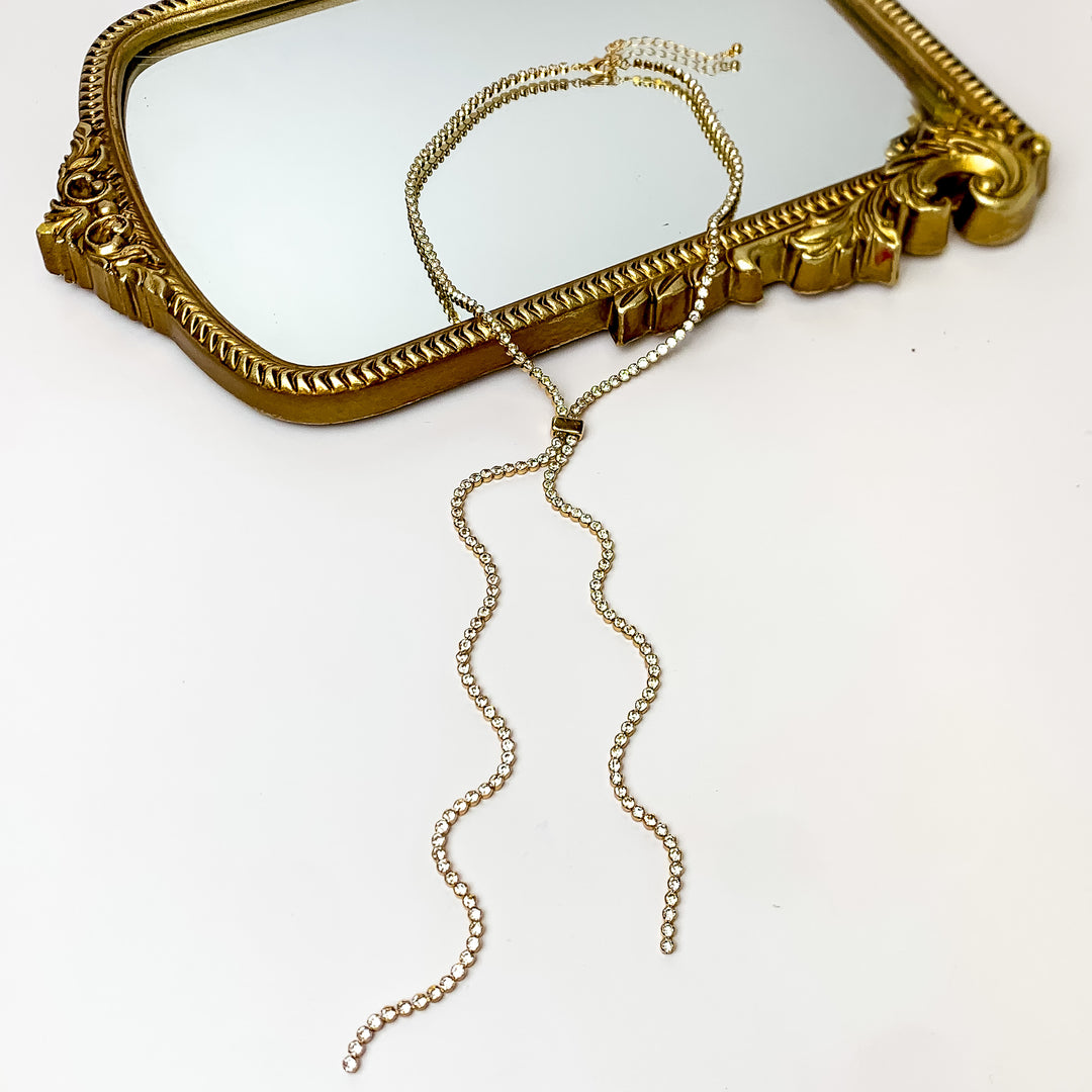 Glamorous Gold Tone Y Necklace With Clear Crystals - Giddy Up Glamour Boutique