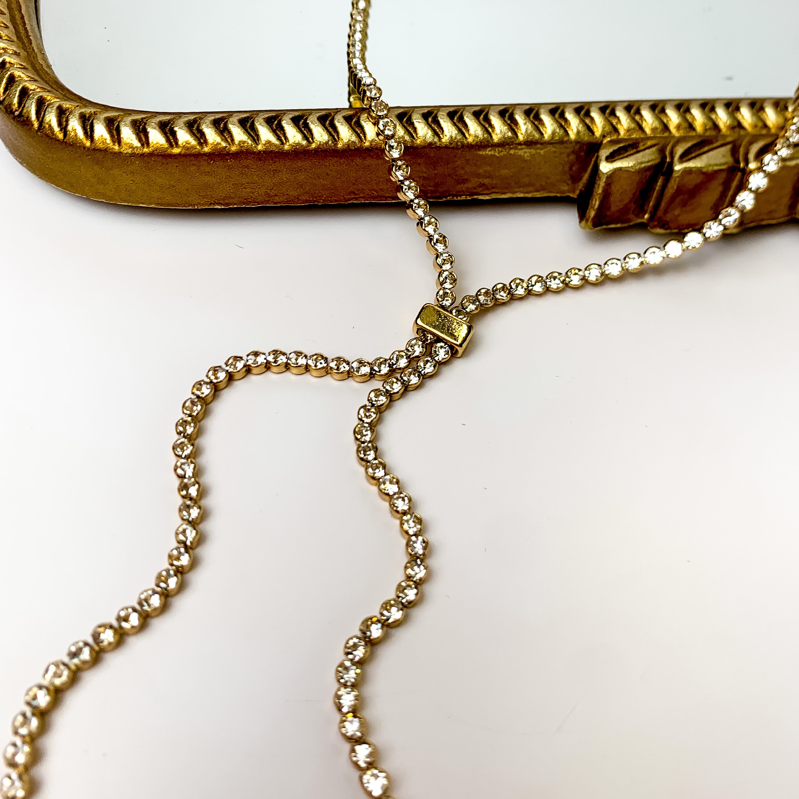 Glamorous Gold Tone Y Necklace With Clear Crystals - Giddy Up Glamour Boutique