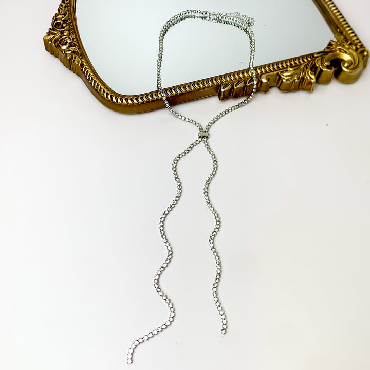 Glamorous Silver Tone Y Necklace With Clear Crystals - Giddy Up Glamour Boutique