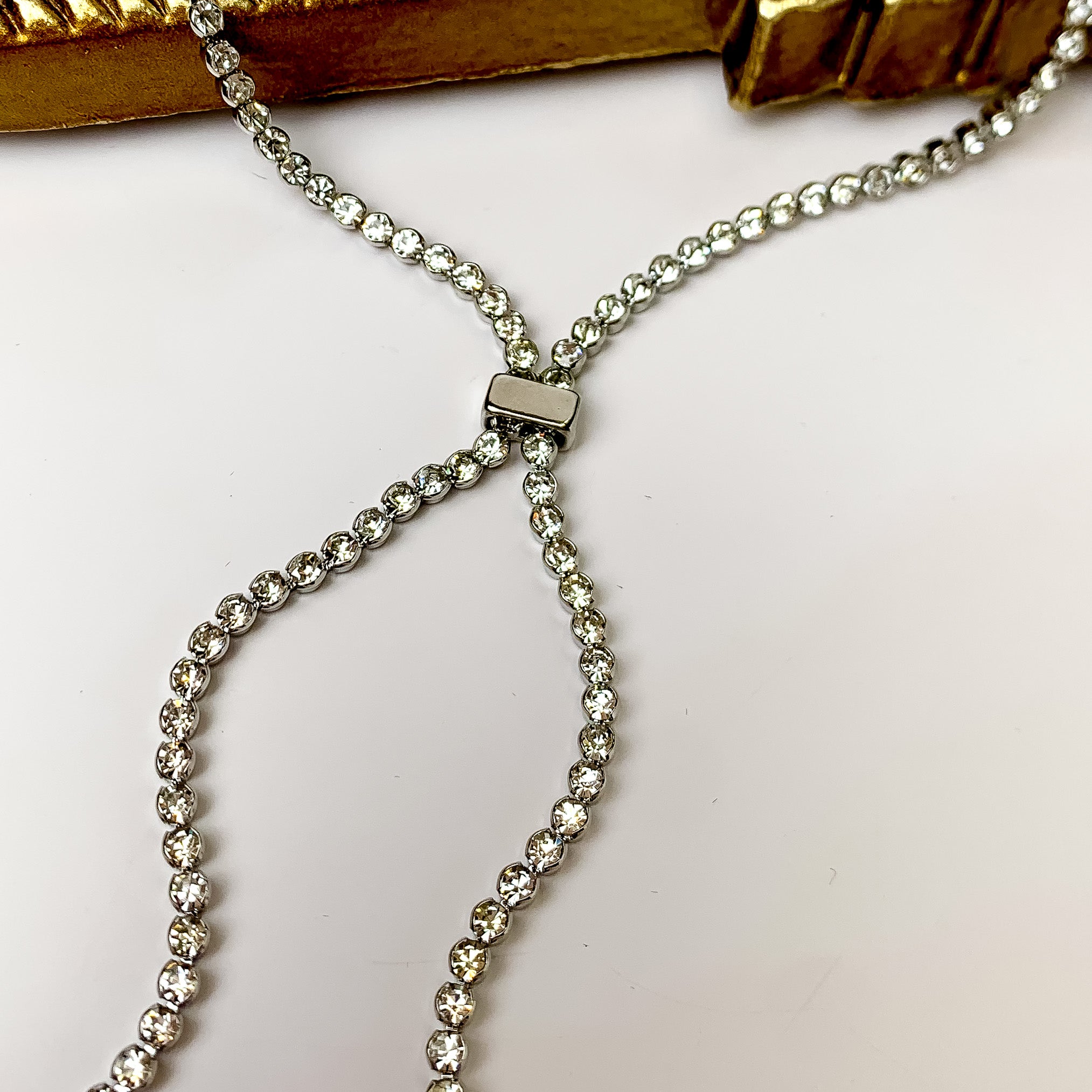 Glamorous Silver Tone Y Necklace With Clear Crystals - Giddy Up Glamour Boutique