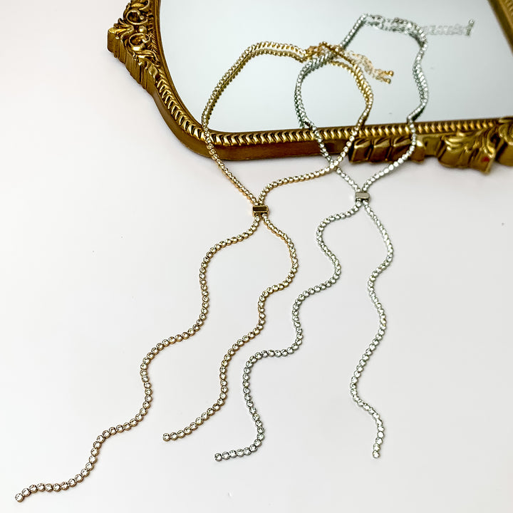 Glamorous Gold Tone Y Necklace With Clear Crystals - Giddy Up Glamour Boutique