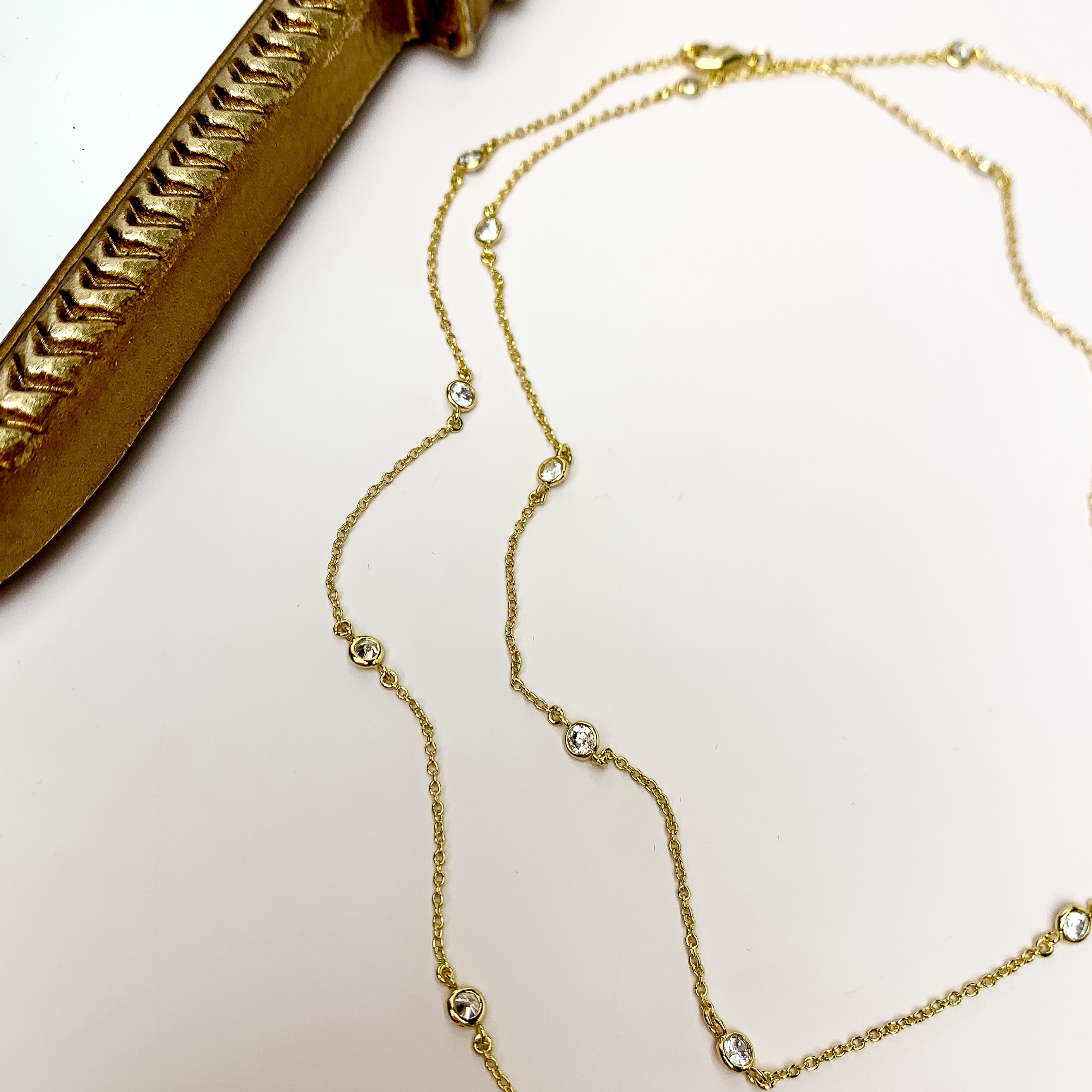 Simple Long Gold Tone Necklace With Clear Crystals - Giddy Up Glamour Boutique