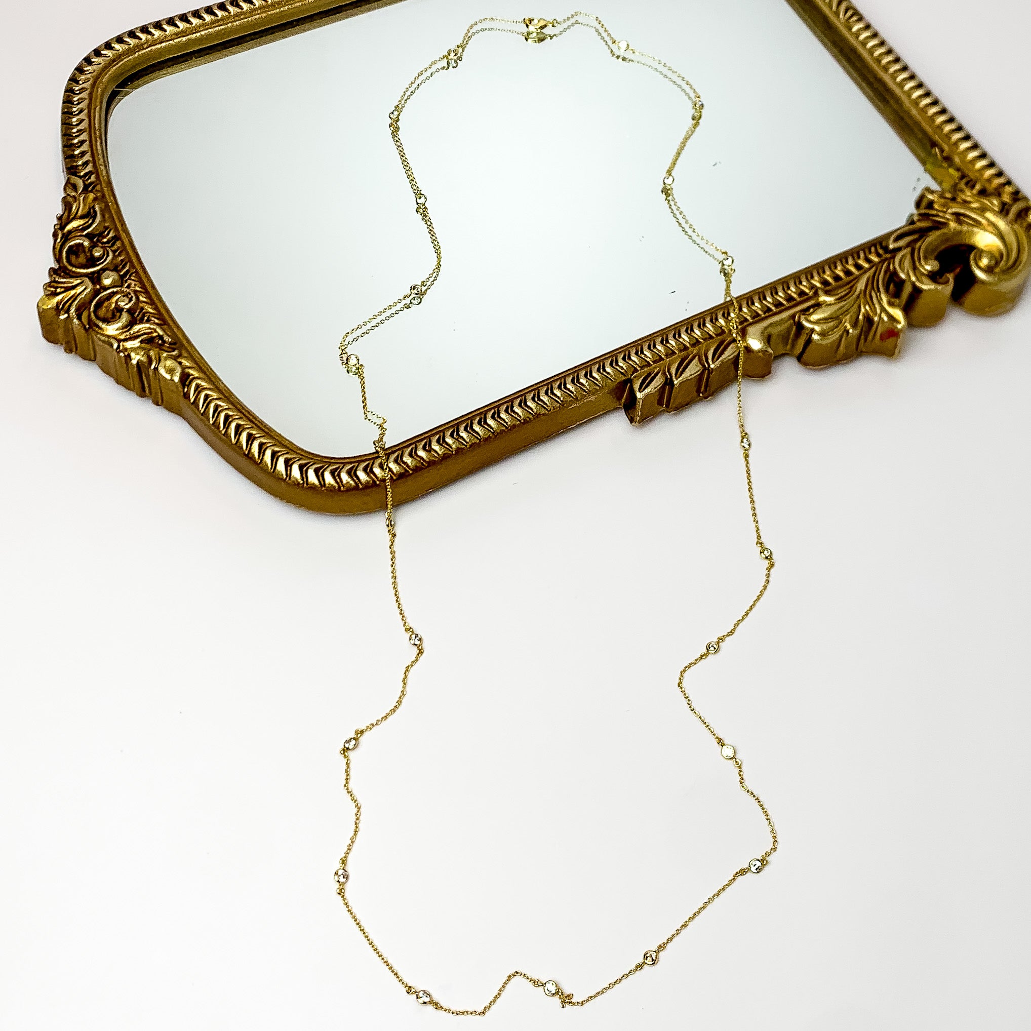 Simple Long Gold Tone Necklace With Clear Crystals - Giddy Up Glamour Boutique