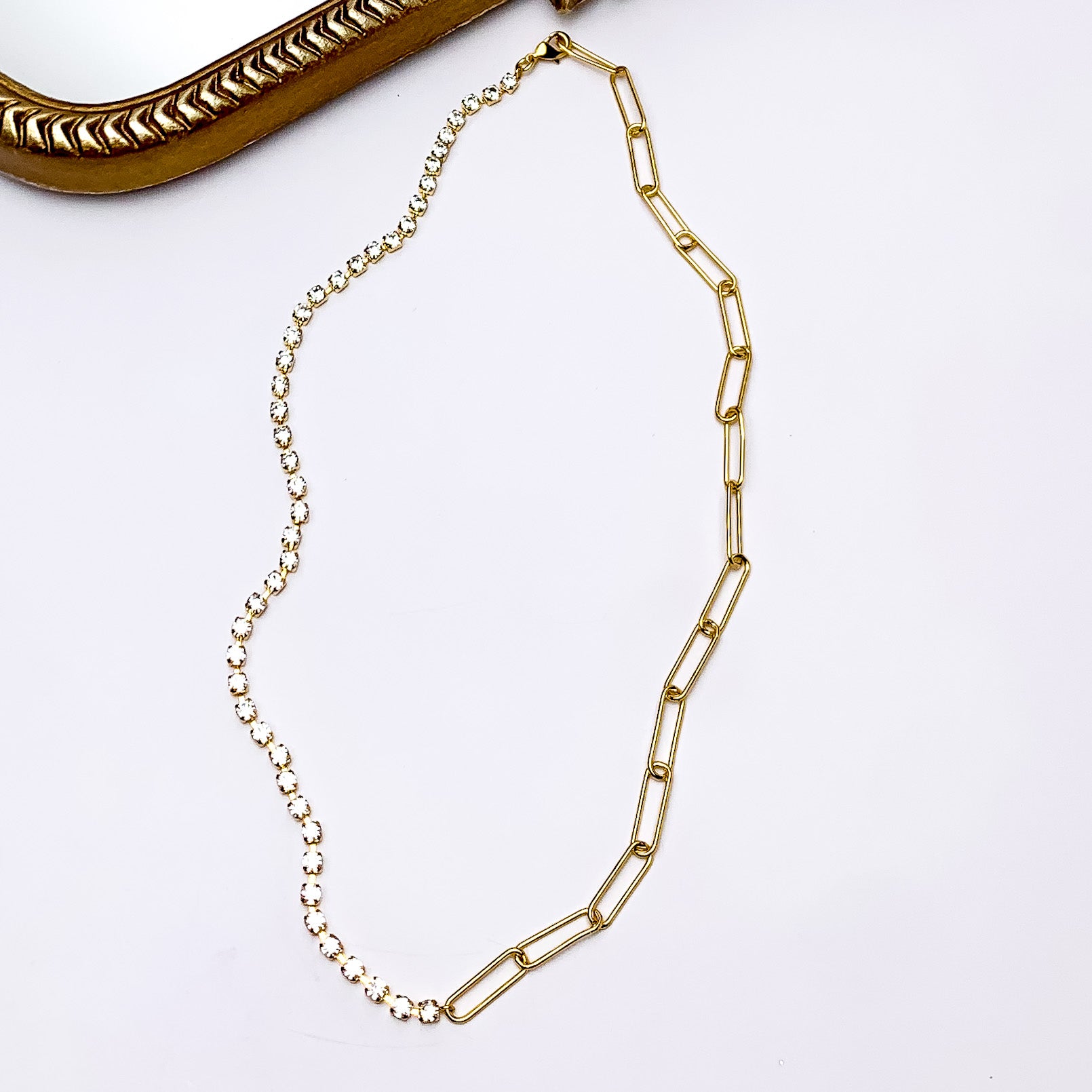 Gold Dipped Necklace Split With Clear Crystals and Chain - Giddy Up Glamour Boutique