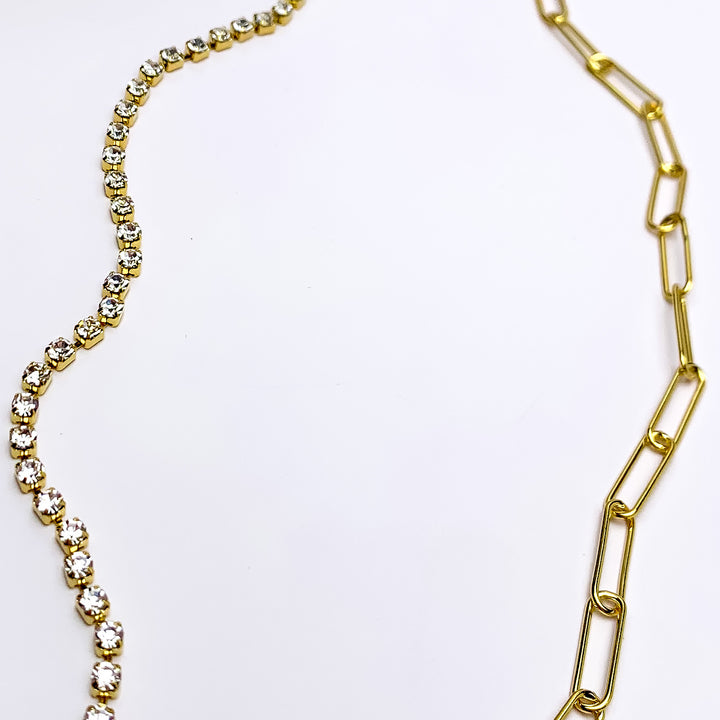Gold Dipped Necklace Split With Clear Crystals and Chain - Giddy Up Glamour Boutique