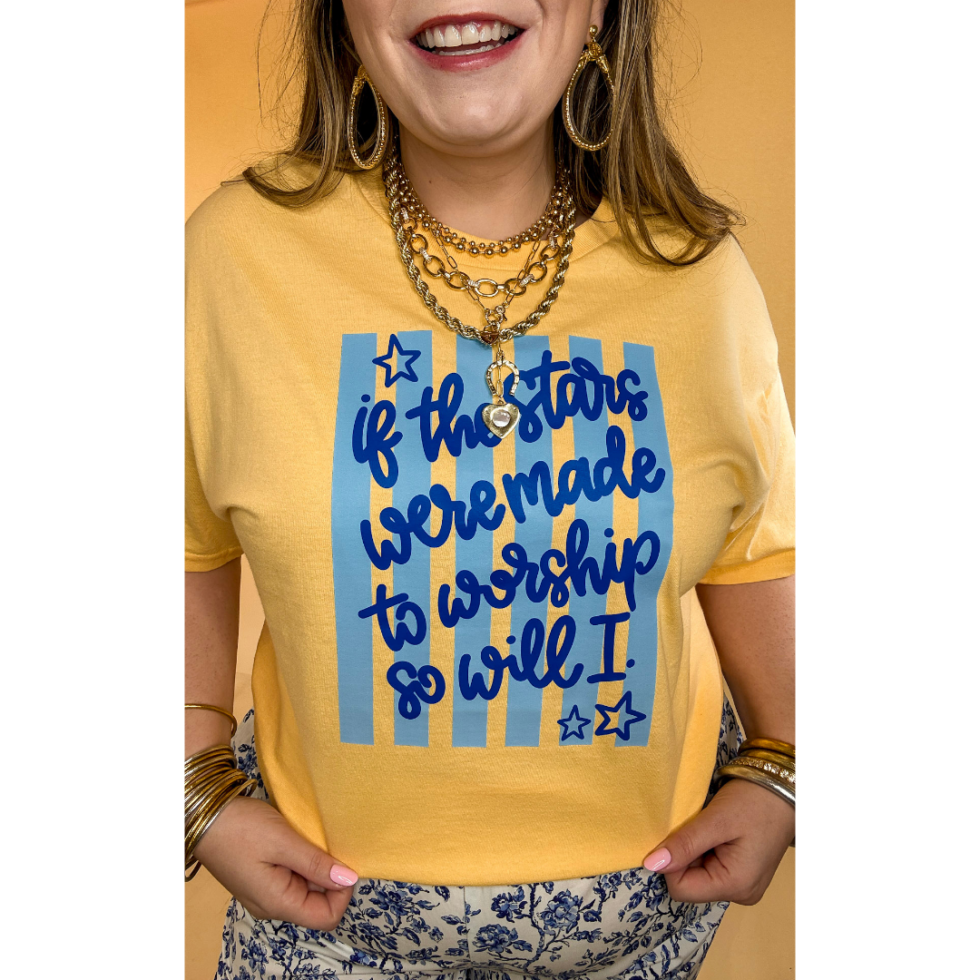 If The Stars Were Made to Worship So Will I Stripe Print Short Sleeve Graphic Tee in Butter Yellow