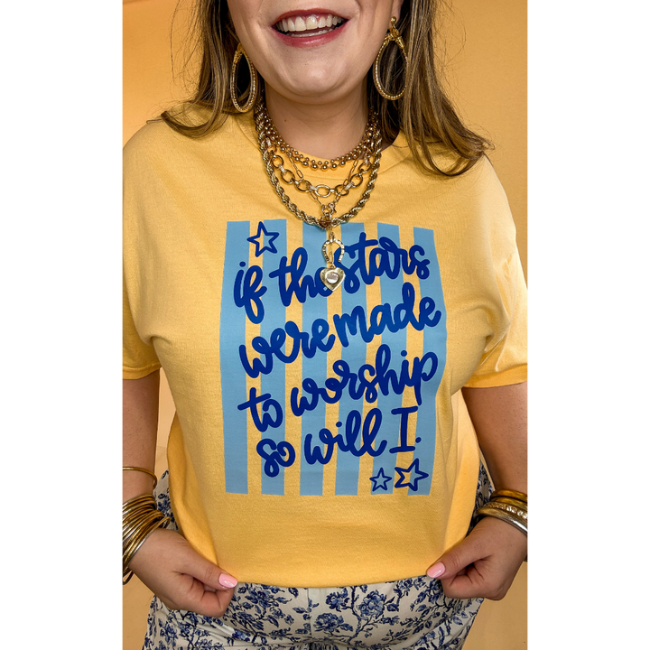 If The Stars Were Made to Worship So Will I Stripe Print Short Sleeve Graphic Tee in Butter Yellow
