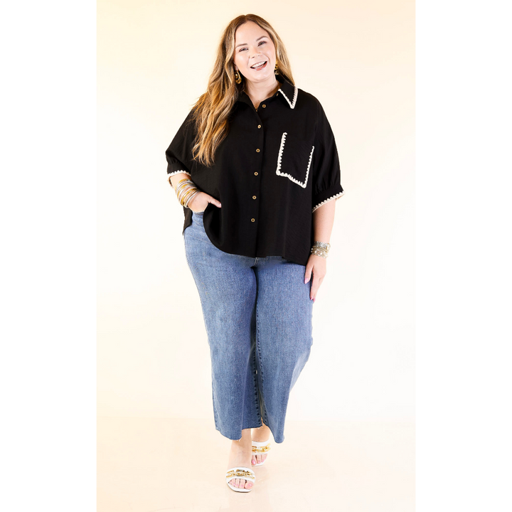 In Good Company Button Up Top with Scalloped Trim Stitching in Black