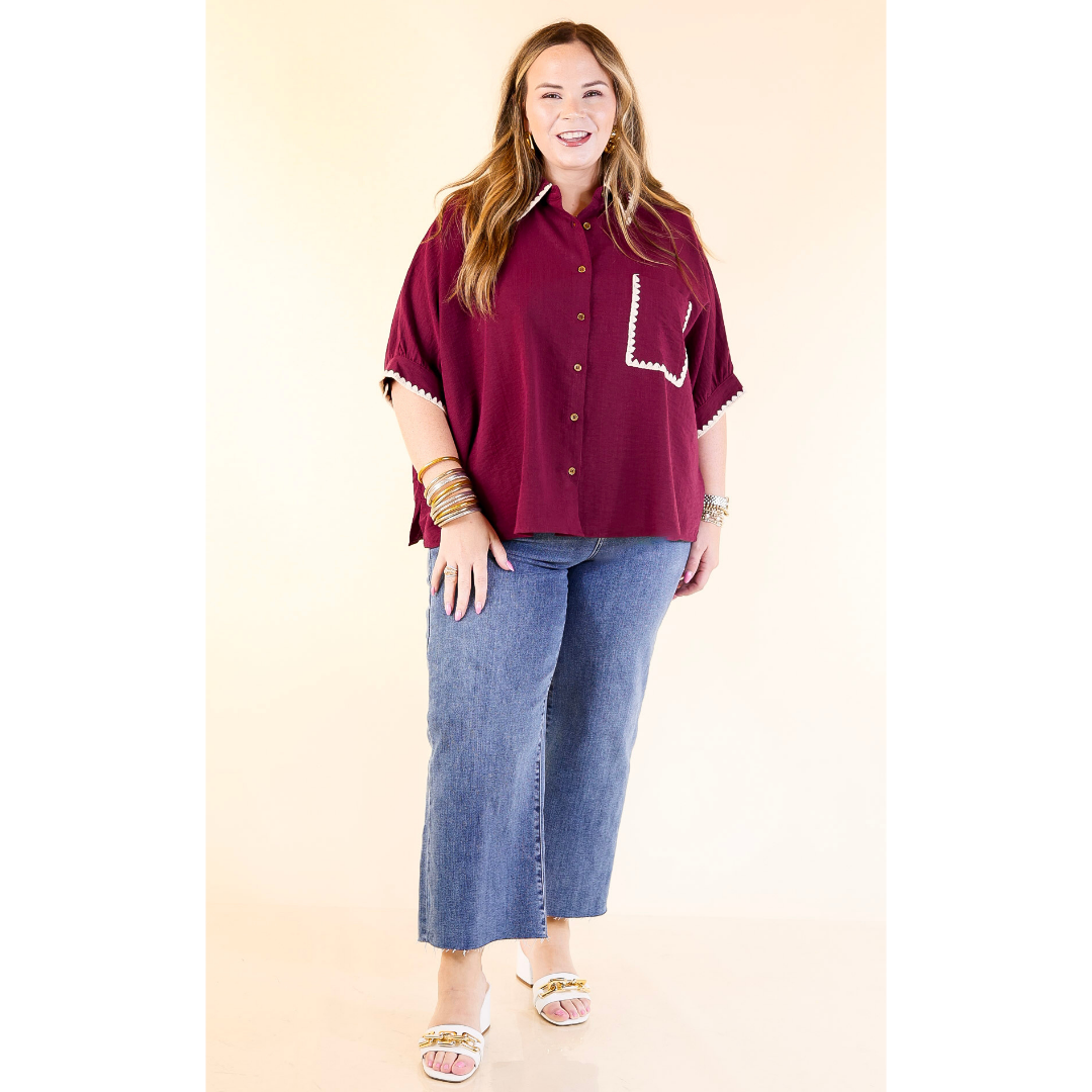In Good Company Button Up Top with Scalloped Trim Stitching in Maroon