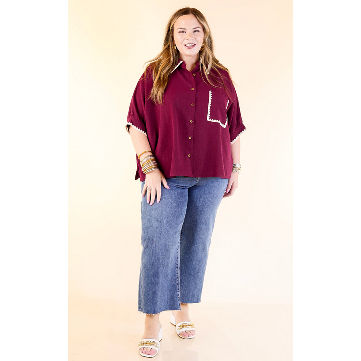In Good Company Button Up Top with Scalloped Trim Stitching in Maroon