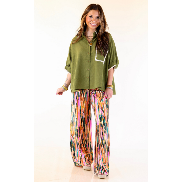 In Good Company Button Up Top with Scalloped Trim Stitching in Olive Green