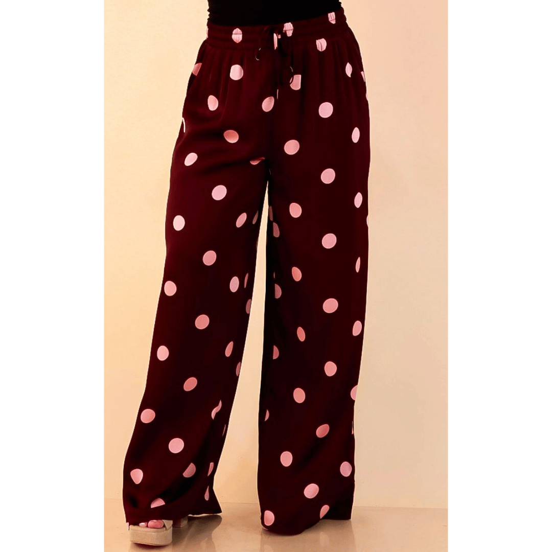 Two of a Kind Full Length Wide Leg Pull-On Drawstring Blush Pink Polka Dot Pants in Maroon