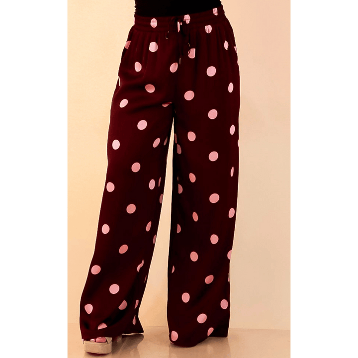 Two of a Kind Full Length Wide Leg Pull-On Drawstring Blush Pink Polka Dot Pants in Maroon