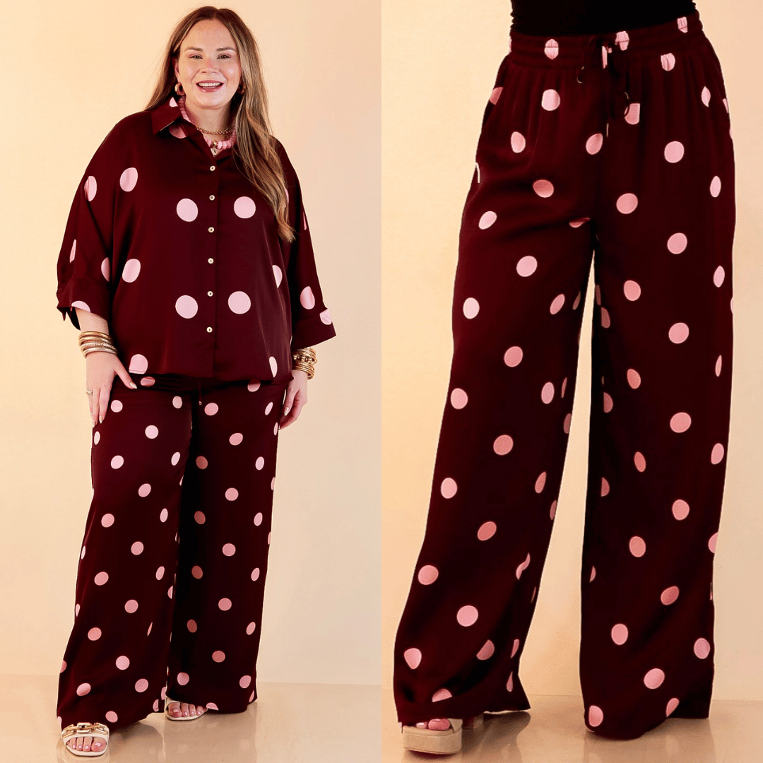 Two of a Kind Full Length Wide Leg Pull-On Drawstring Blush Pink Polka Dot Pants in Maroon