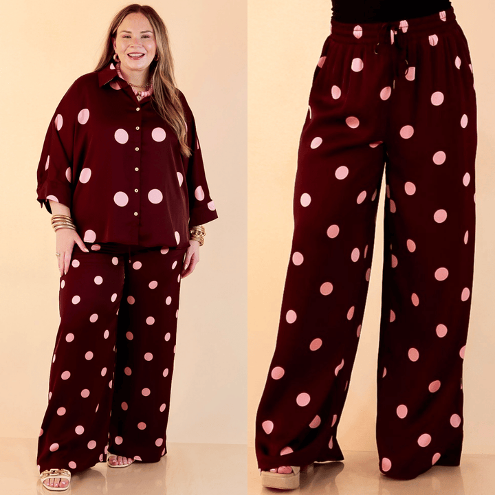 Two of a Kind Full Length Wide Leg Pull-On Drawstring Blush Pink Polka Dot Pants in Maroon