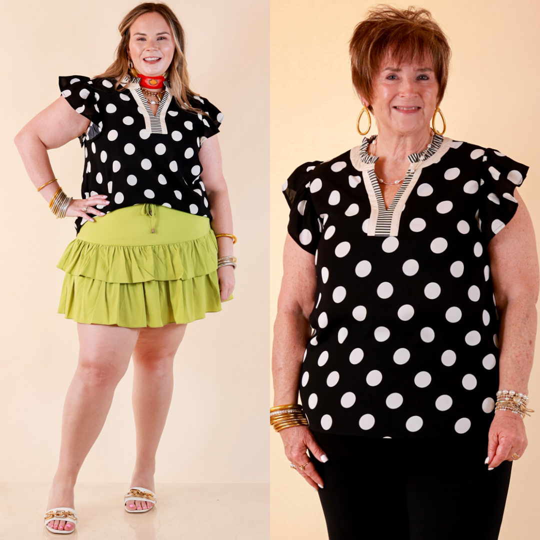 In Good Company Large Polka Dot Blouse with Ruffle Sleeves and Contrast Trim and Collar in Black with Cream Dots