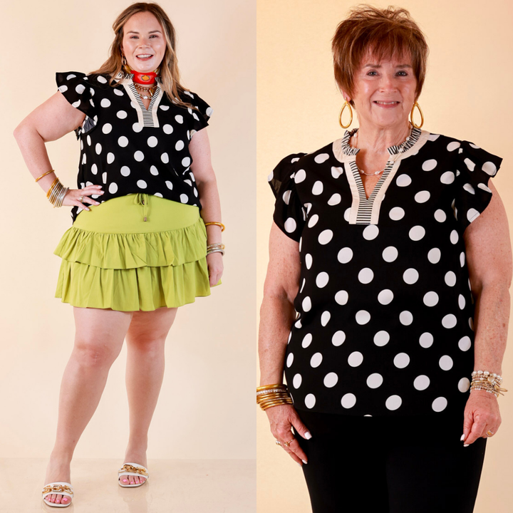 In Good Company Large Polka Dot Blouse with Ruffle Sleeves and Contrast Trim and Collar in Black with Cream Dots